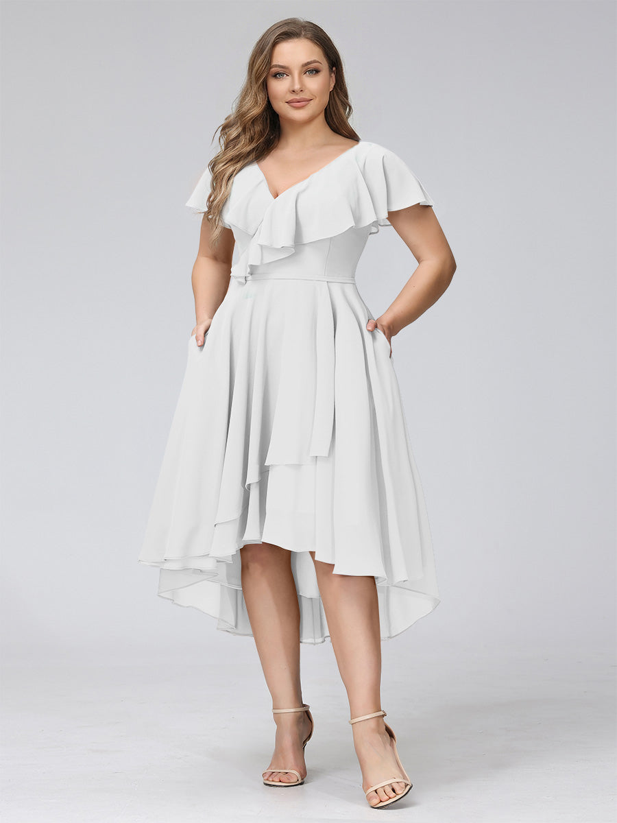 A-Line V-Neck Short Sleeves Asymmetrical Chiffon Plus Size Bridesmaid Dresses With Pockets Off White