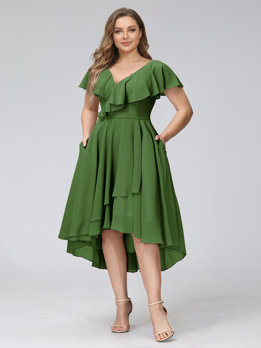 A-Line V-Neck Short Sleeves Asymmetrical Chiffon Plus Size Bridesmaid Dresses With Pockets Olive Green