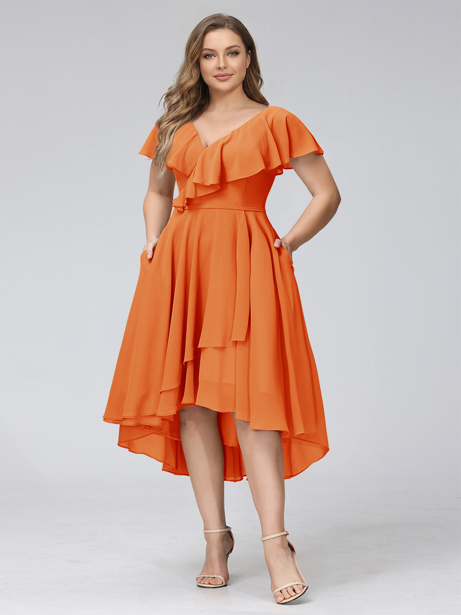 A-Line V-Neck Short Sleeves Asymmetrical Chiffon Plus Size Bridesmaid Dresses With Pockets Orange
