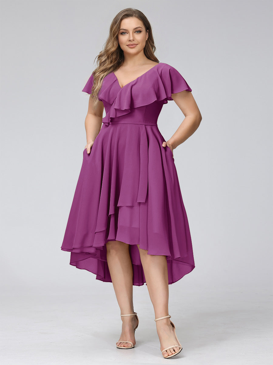 A-Line V-Neck Short Sleeves Asymmetrical Chiffon Plus Size Bridesmaid Dresses With Pockets Orchid