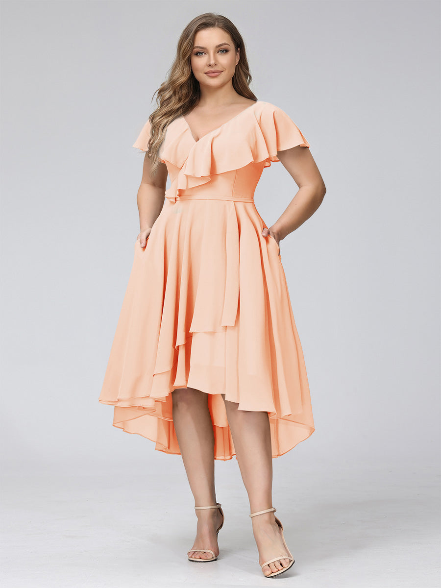 A-Line V-Neck Short Sleeves Asymmetrical Chiffon Plus Size Bridesmaid Dresses With Pockets Peach Pink