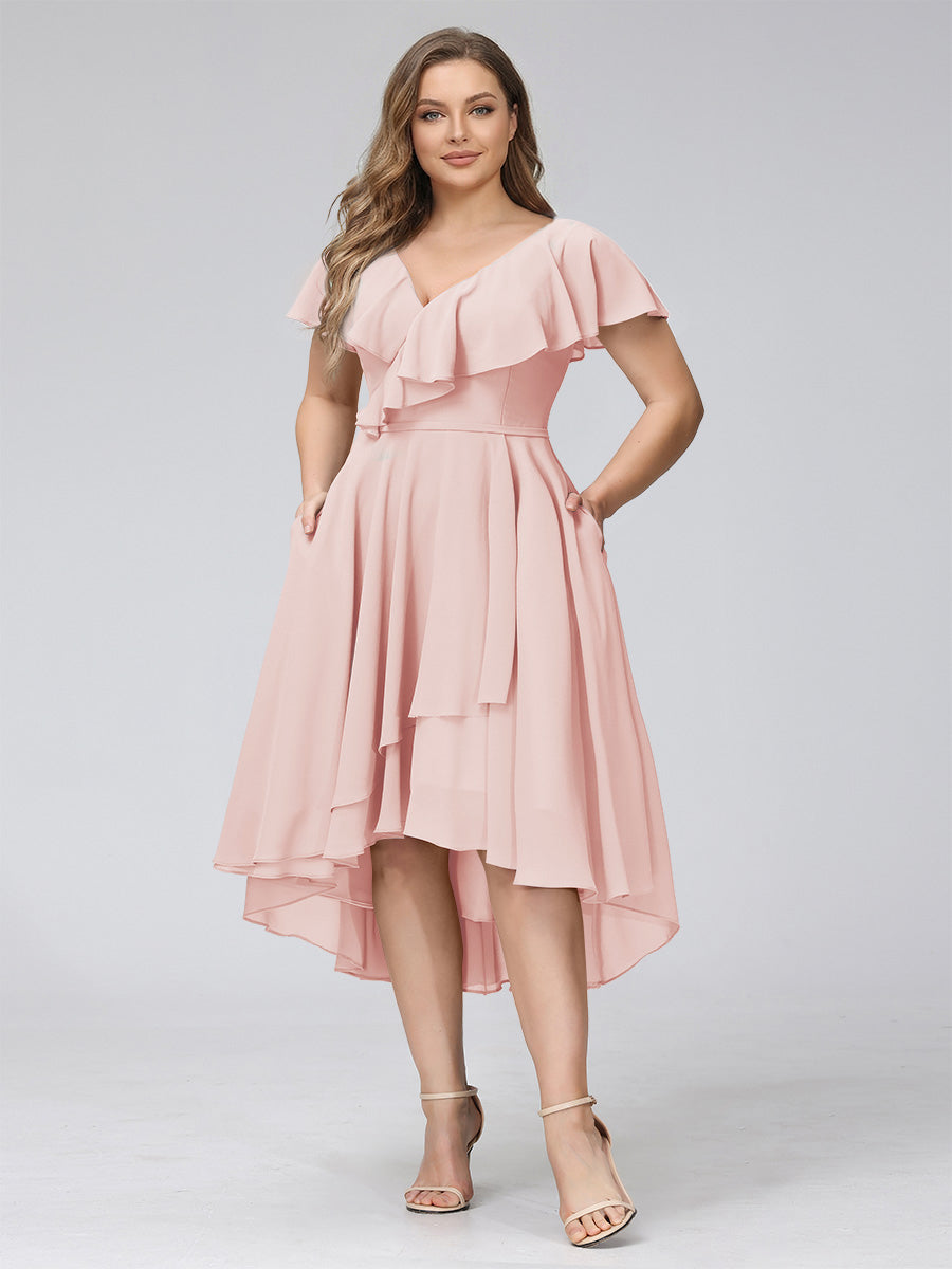 A-Line V-Neck Short Sleeves Asymmetrical Chiffon Plus Size Bridesmaid Dresses With Pockets Pearl Pink