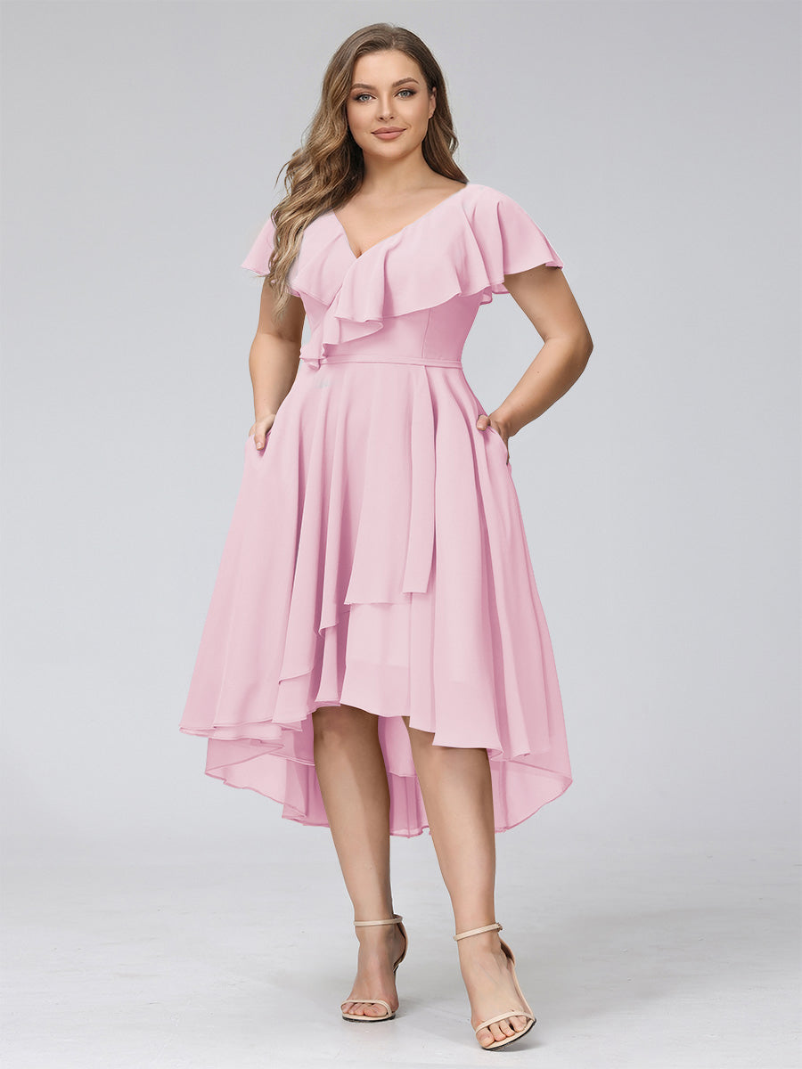 A-Line V-Neck Short Sleeves Asymmetrical Chiffon Plus Size Bridesmaid Dresses With Pockets Pink