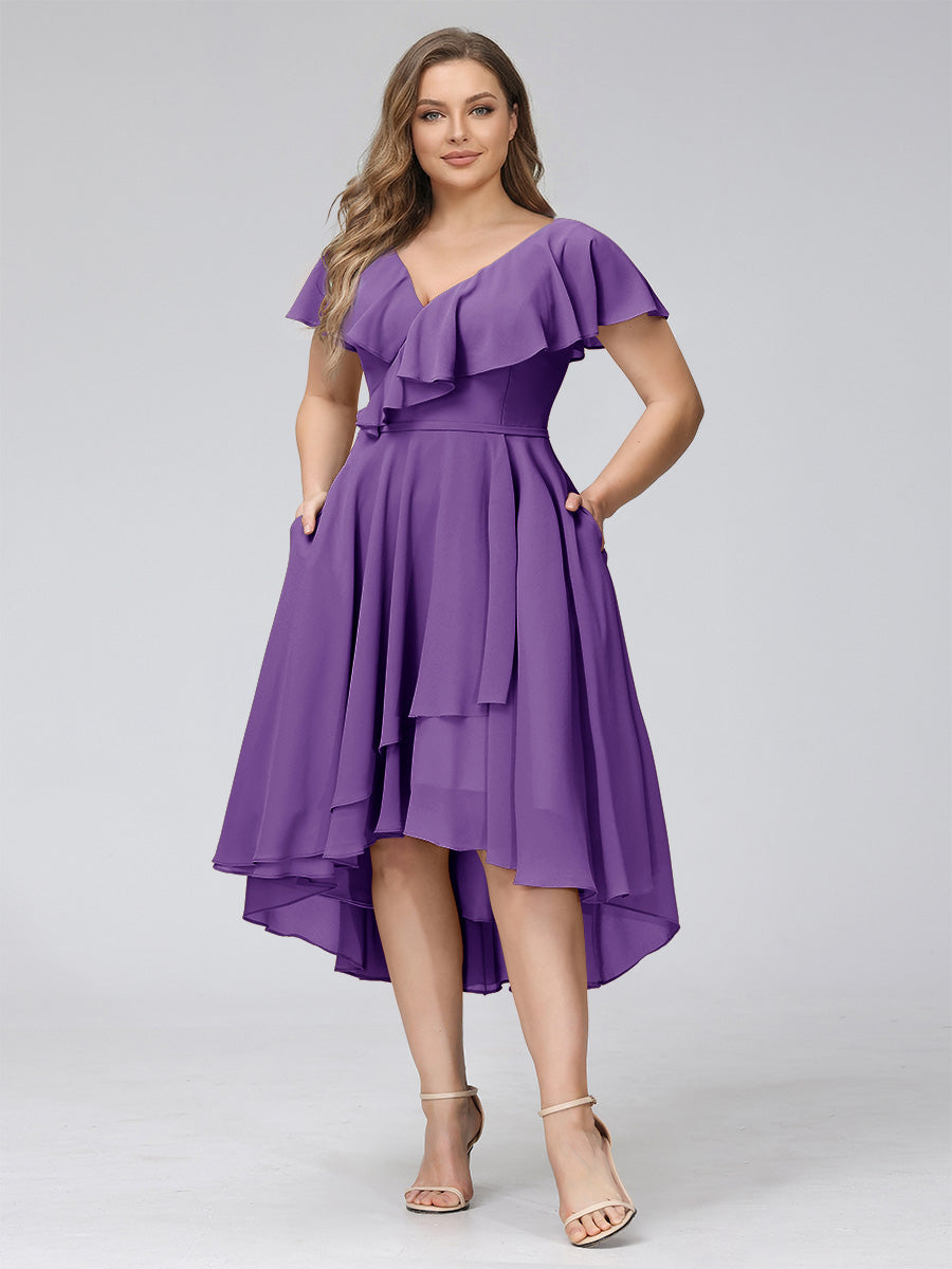A-Line V-Neck Short Sleeves Asymmetrical Chiffon Plus Size Bridesmaid Dresses With Pockets Purple