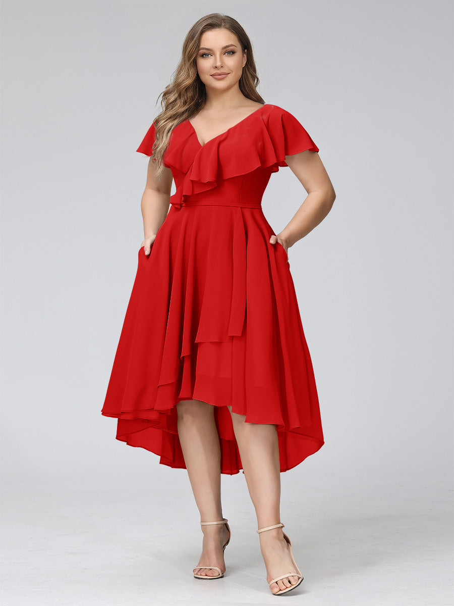 A-Line V-Neck Short Sleeves Asymmetrical Chiffon Plus Size Bridesmaid Dresses With Pockets Red