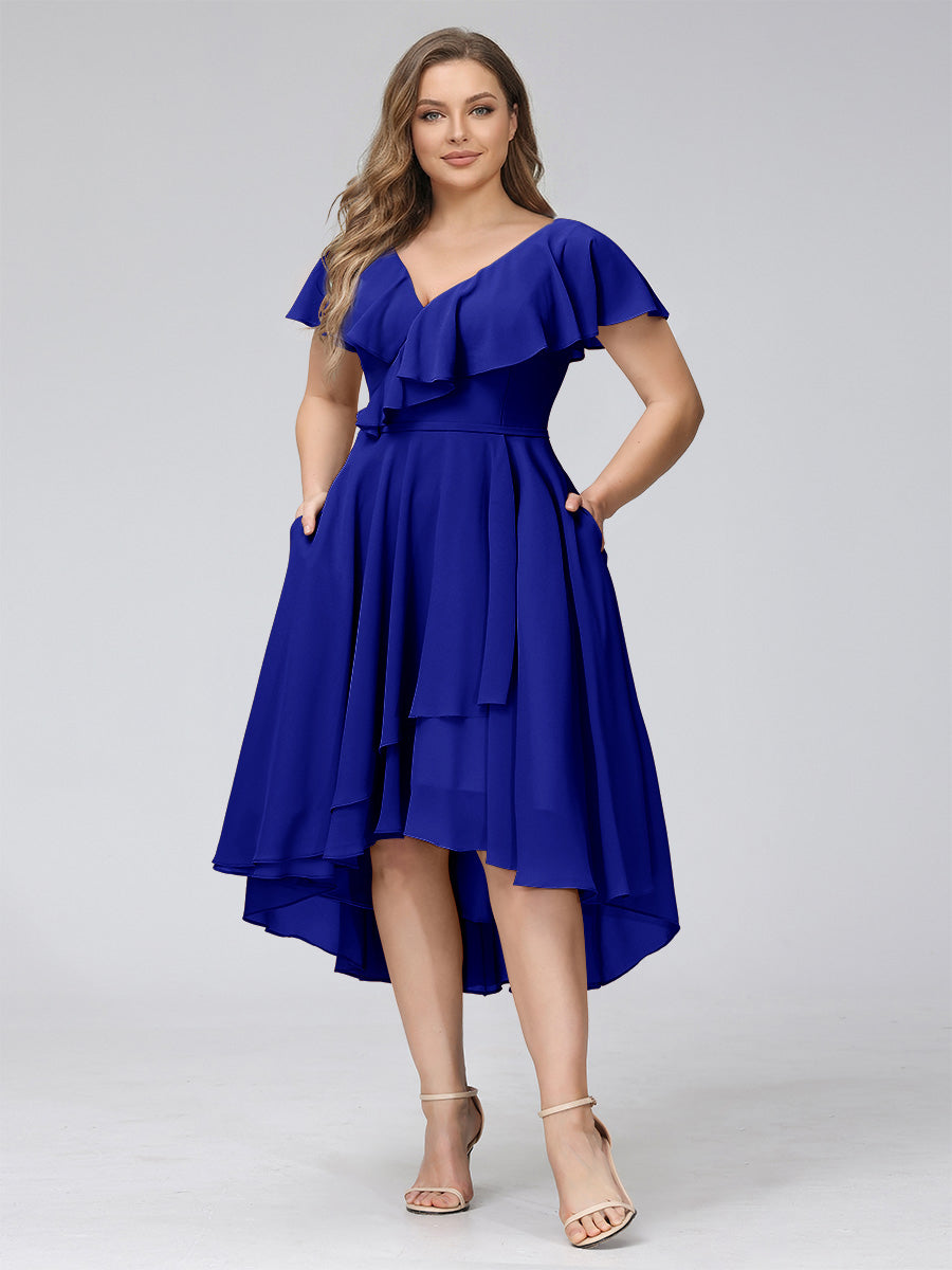 A-Line V-Neck Short Sleeves Asymmetrical Chiffon Plus Size Bridesmaid Dresses With Pockets Royal Blue