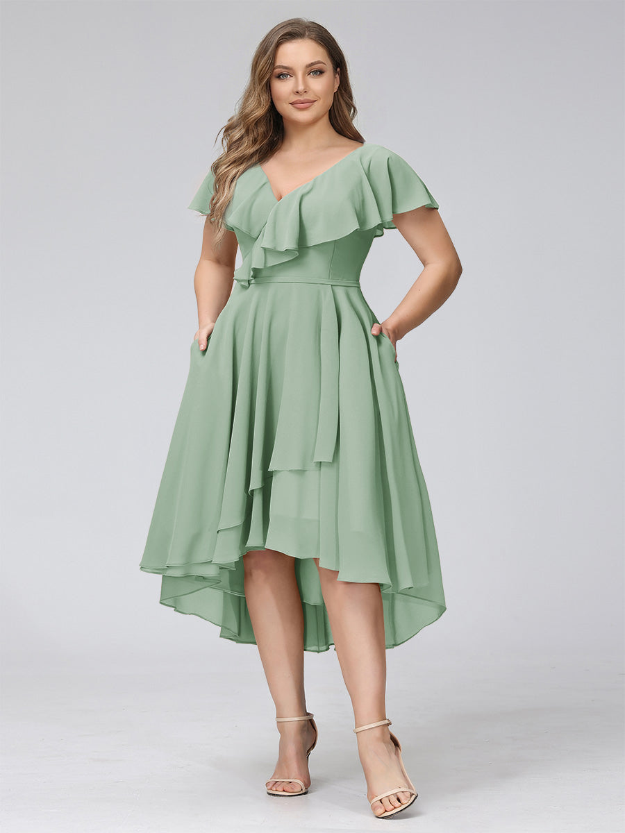 A-Line V-Neck Short Sleeves Asymmetrical Chiffon Plus Size Bridesmaid Dresses With Pockets Sage