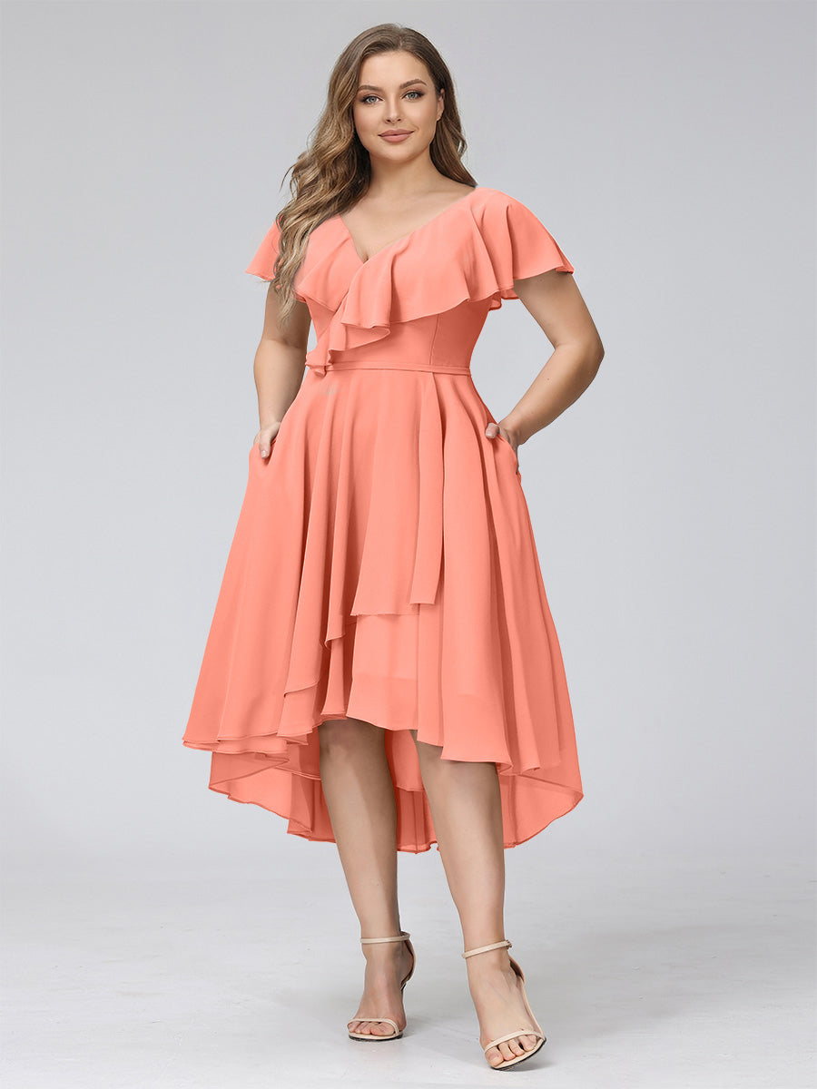 A-Line V-Neck Short Sleeves Asymmetrical Chiffon Plus Size Bridesmaid Dresses With Pockets Salmon