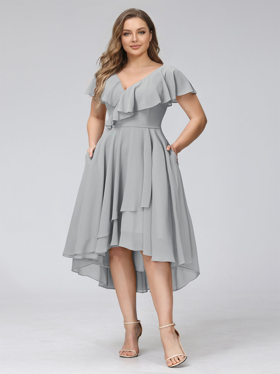 A-Line V-Neck Short Sleeves Asymmetrical Chiffon Plus Size Bridesmaid Dresses With Pockets Silver