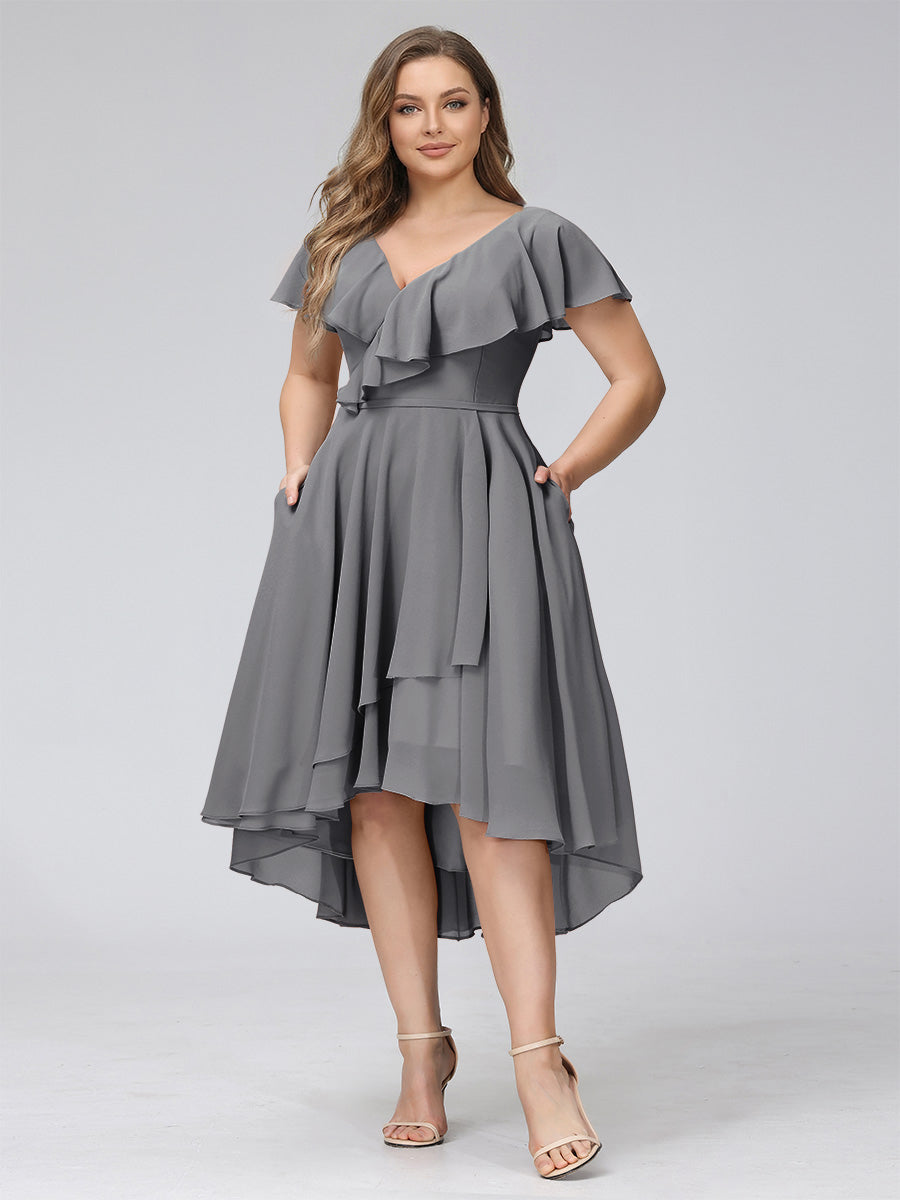 A-Line V-Neck Short Sleeves Asymmetrical Chiffon Plus Size Bridesmaid Dresses With Pockets Silver Gray