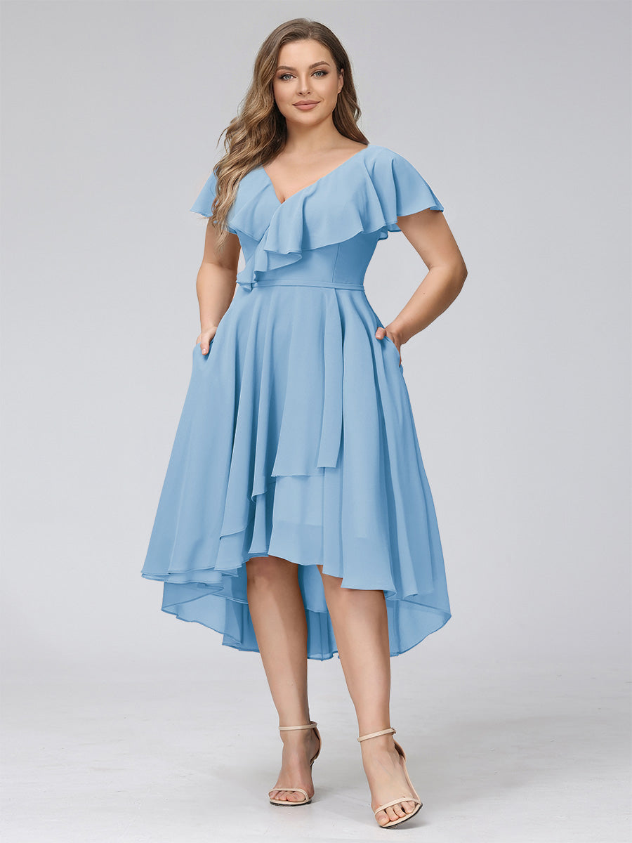 A-Line V-Neck Short Sleeves Asymmetrical Chiffon Plus Size Bridesmaid Dresses With Pockets Sky Blue