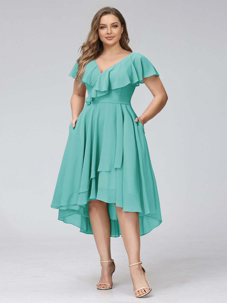 A-Line V-Neck Short Sleeves Asymmetrical Chiffon Plus Size Bridesmaid Dresses With Pockets Spa