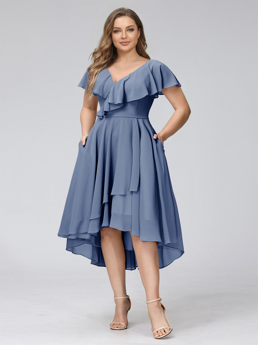 A-Line V-Neck Short Sleeves Asymmetrical Chiffon Plus Size Bridesmaid Dresses With Pockets Steel Blue