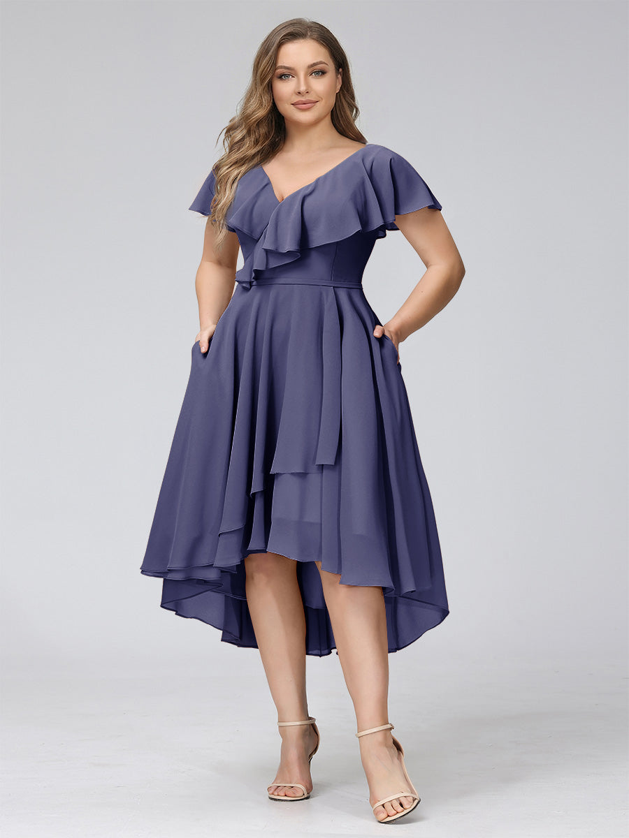 A-Line V-Neck Short Sleeves Asymmetrical Chiffon Plus Size Bridesmaid Dresses With Pockets Stormy Blue