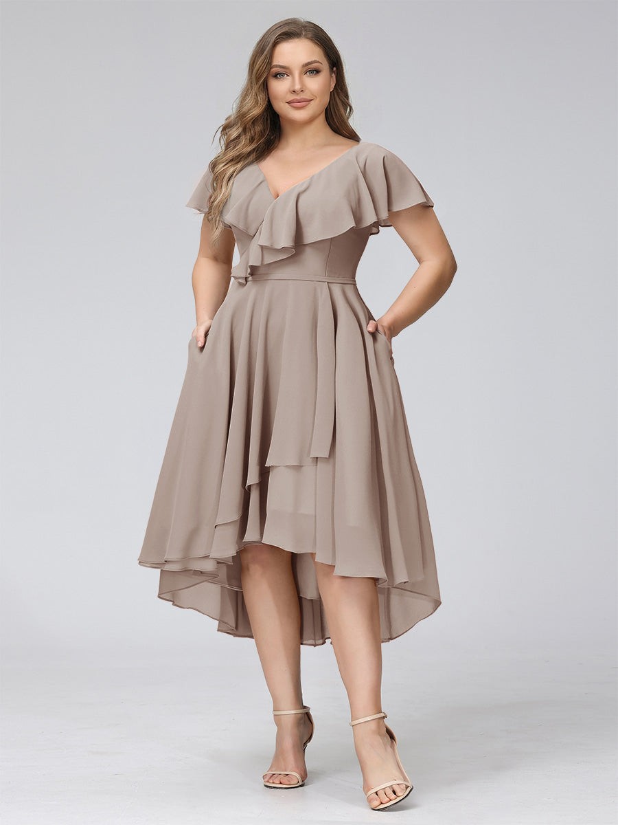 A-Line V-Neck Short Sleeves Asymmetrical Chiffon Plus Size Bridesmaid Dresses With Pockets Taupe
