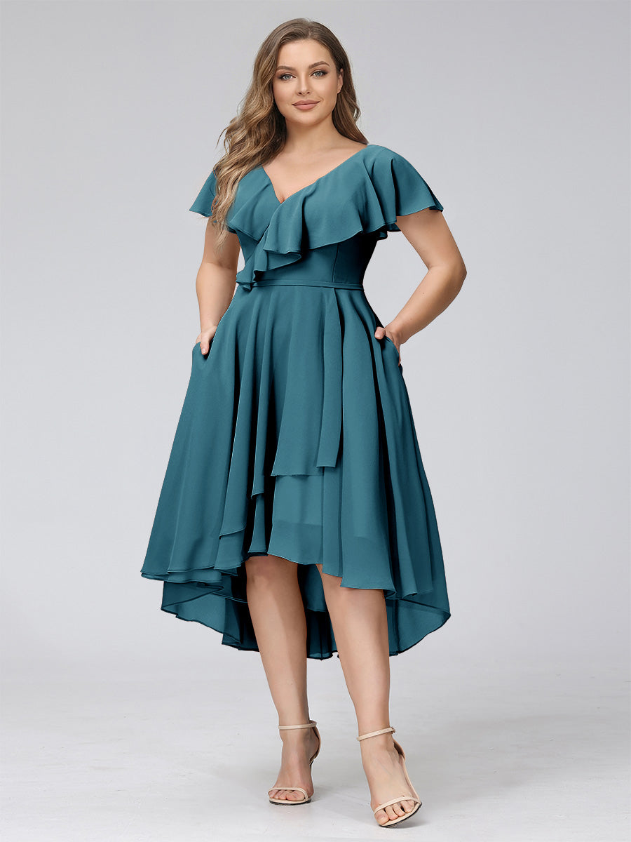 A-Line V-Neck Short Sleeves Asymmetrical Chiffon Plus Size Bridesmaid Dresses With Pockets Teal