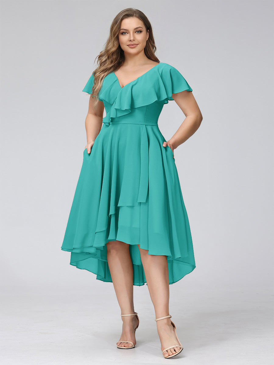 A-Line V-Neck Short Sleeves Asymmetrical Chiffon Plus Size Bridesmaid Dresses With Pockets Turquoise