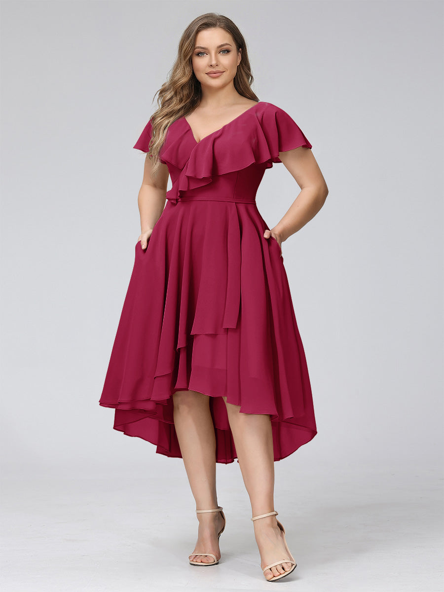 A-Line V-Neck Short Sleeves Asymmetrical Chiffon Plus Size Bridesmaid Dresses With Pockets Wine Red