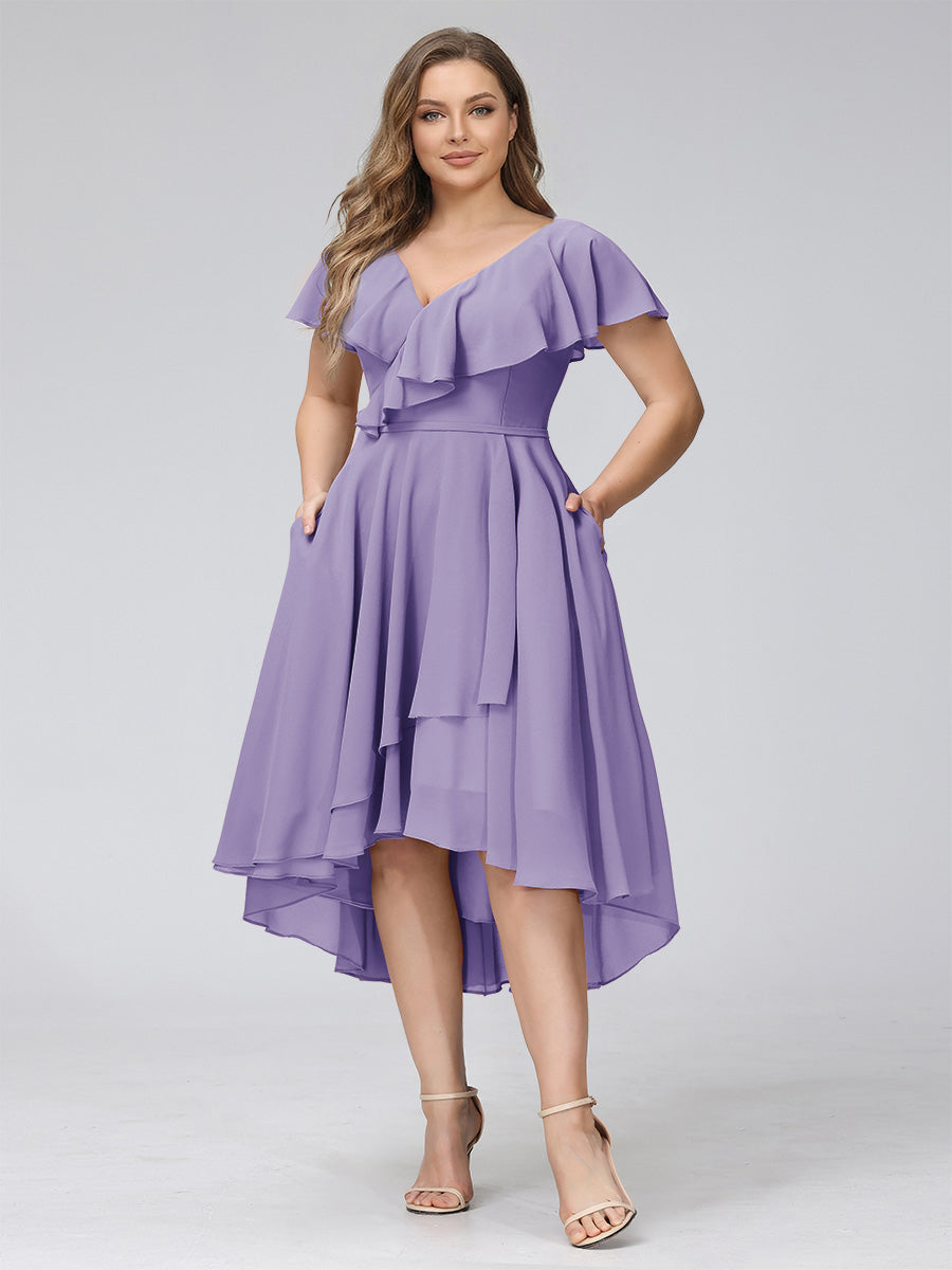 A-Line V-Neck Short Sleeves Asymmetrical Chiffon Plus Size Bridesmaid Dresses With Pockets Wisteria