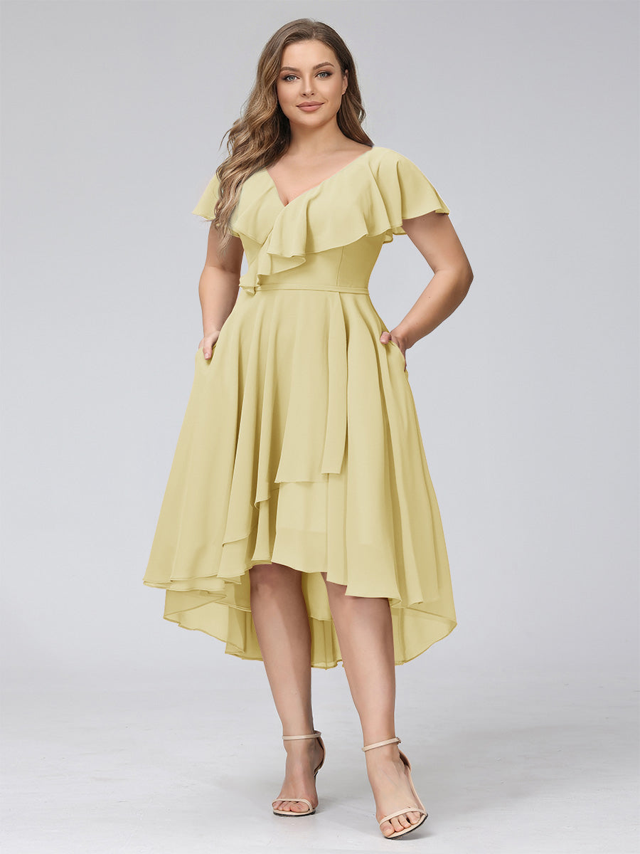 A-Line V-Neck Short Sleeves Asymmetrical Chiffon Plus Size Bridesmaid Dresses With Pockets Yellow