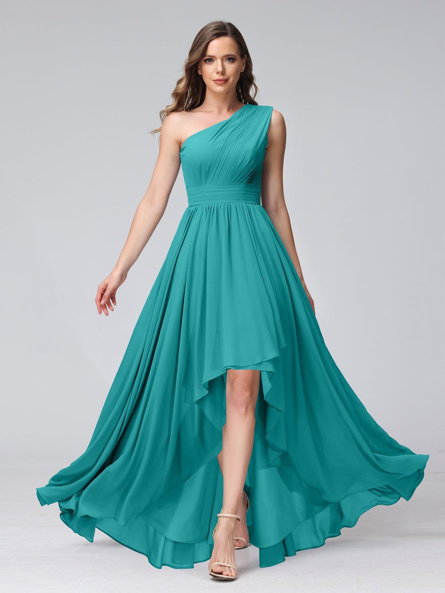 A-Line One-Shoulder Sleeveless Chiffon High Low Bridesmaid Dresses with Pockets Aqua Blue