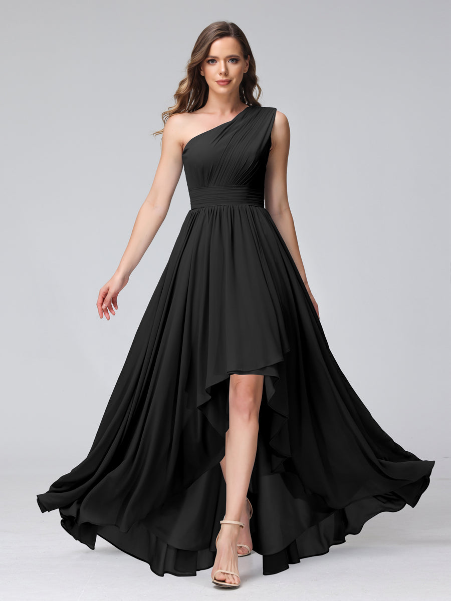 A-Line One-Shoulder Sleeveless Chiffon High Low Bridesmaid Dresses with Pockets Black