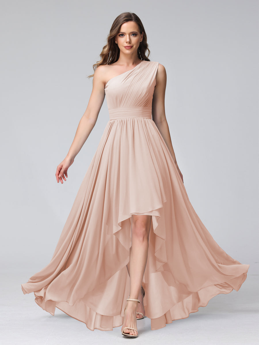A-Line One-Shoulder Sleeveless Chiffon High Low Bridesmaid Dresses with Pockets Blush Pink