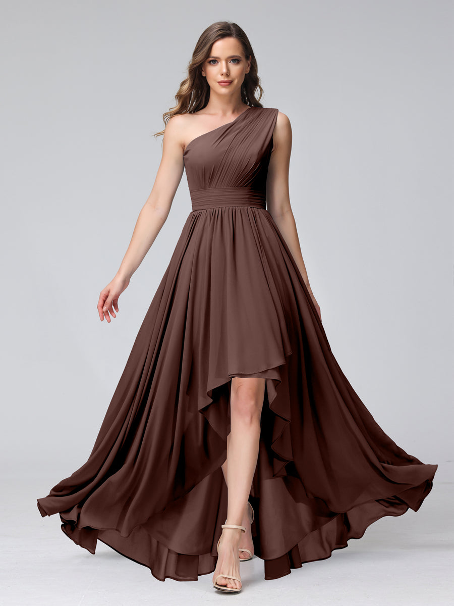 A-Line One-Shoulder Sleeveless Chiffon High Low Bridesmaid Dresses with Pockets Brown