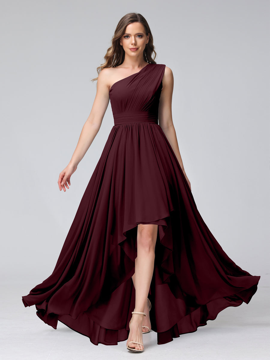 A-Line One-Shoulder Sleeveless Chiffon High Low Bridesmaid Dresses with Pockets Burgundy