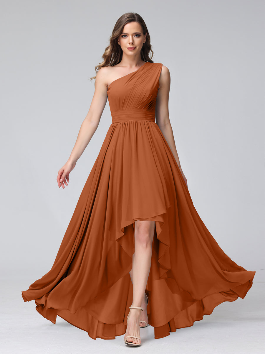 A-Line One-Shoulder Sleeveless Chiffon High Low Bridesmaid Dresses with Pockets Burnt Orange