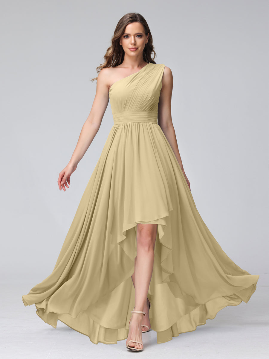 A-Line One-Shoulder Sleeveless Chiffon High Low Bridesmaid Dresses with Pockets Champagne