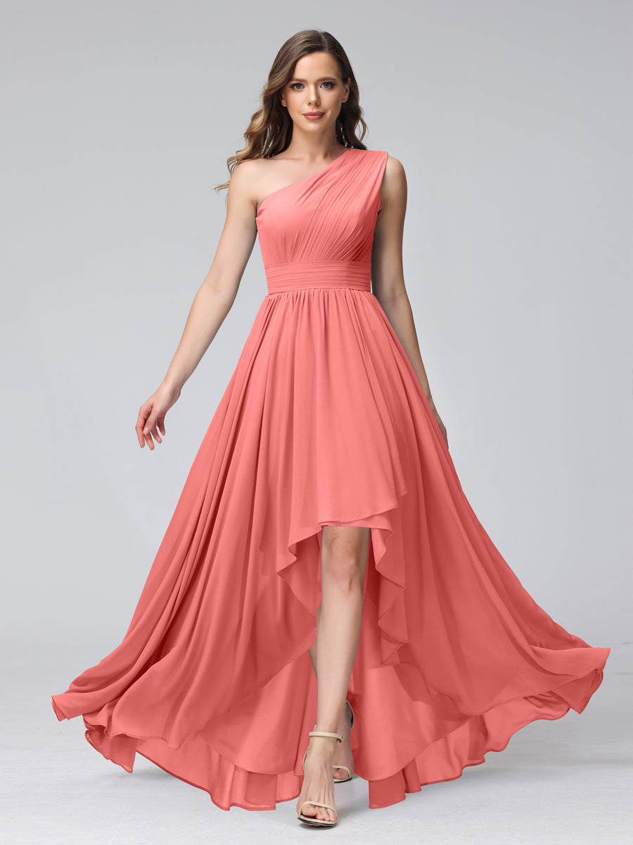 A-Line One-Shoulder Sleeveless Chiffon High Low Bridesmaid Dresses with Pockets Coral