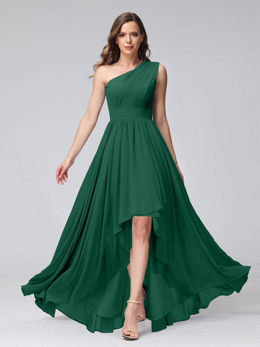A-Line One-Shoulder Sleeveless Chiffon High Low Bridesmaid Dresses with Pockets Dark Green