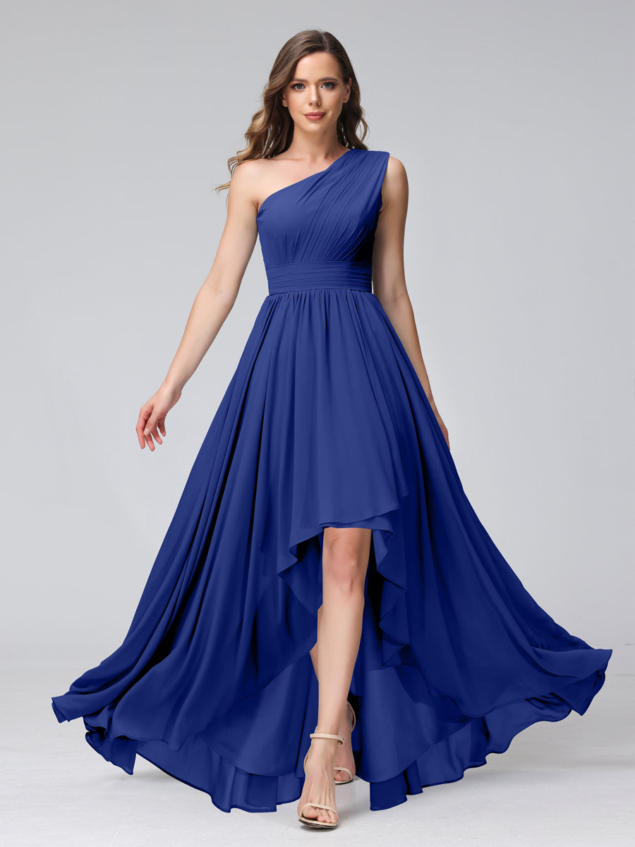 A-Line One-Shoulder Sleeveless Chiffon High Low Bridesmaid Dresses with Pockets Dark Royal Blue