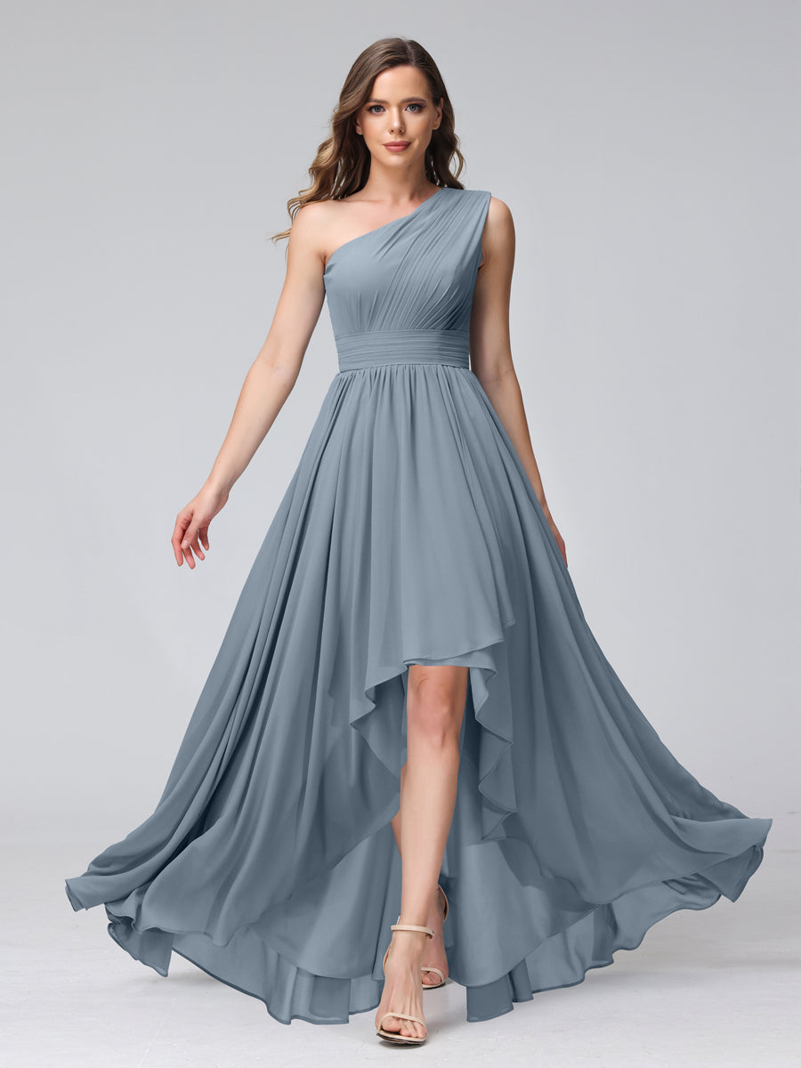 A-Line One-Shoulder Sleeveless Chiffon High Low Bridesmaid Dresses with Pockets Dusty Blue