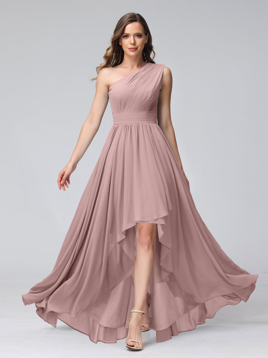 A-Line One-Shoulder Sleeveless Chiffon High Low Bridesmaid Dresses with Pockets Dusty Pink