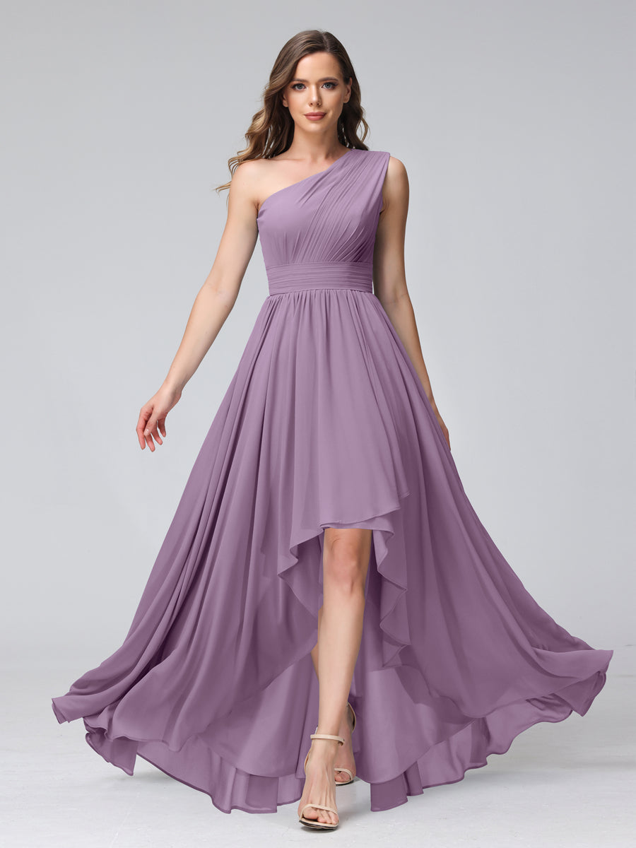 A-Line One-Shoulder Sleeveless Chiffon High Low Bridesmaid Dresses with Pockets Dusty Purple