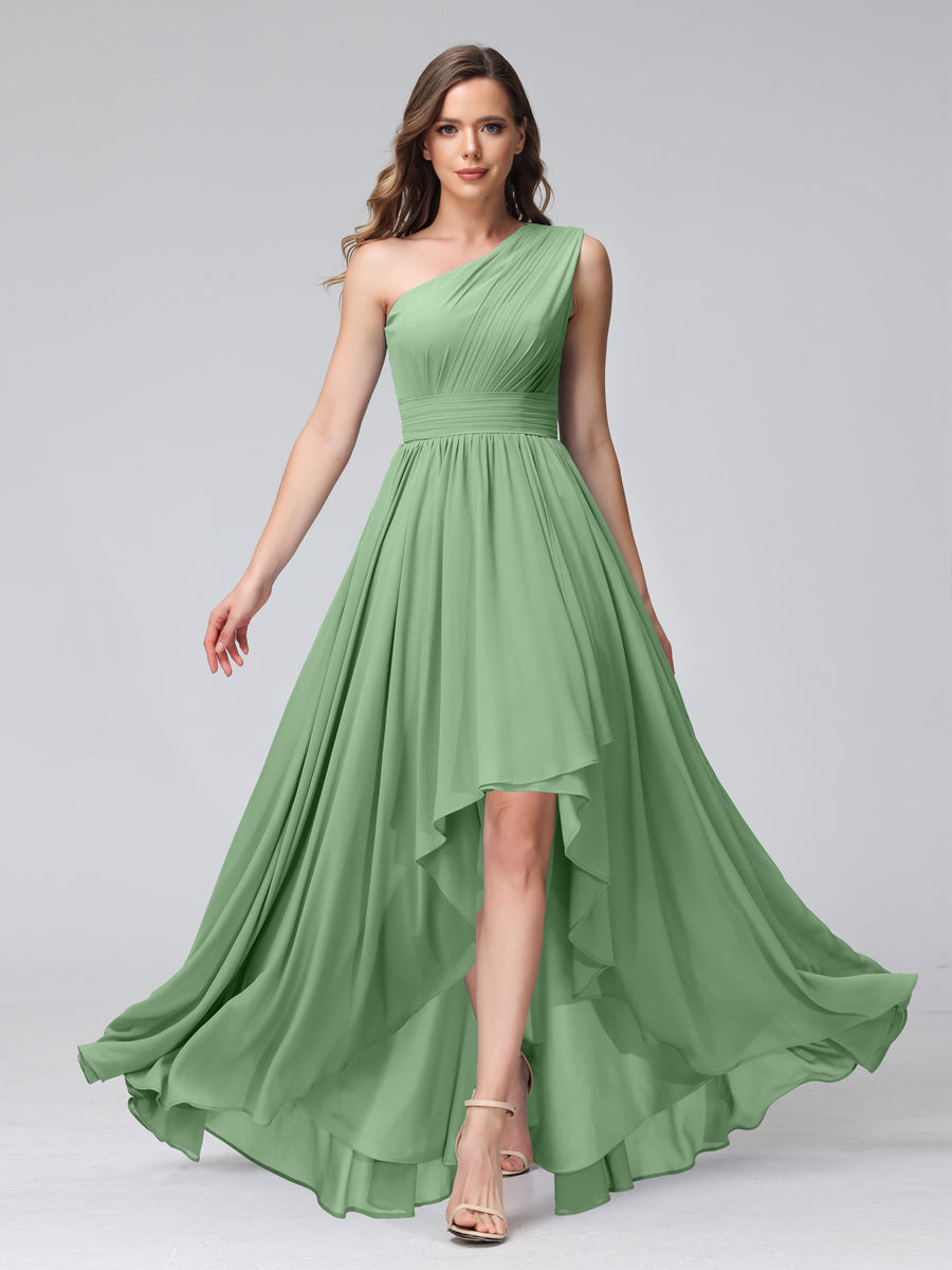 A-Line One-Shoulder Sleeveless Chiffon High Low Bridesmaid Dresses with Pockets Dusty Sage