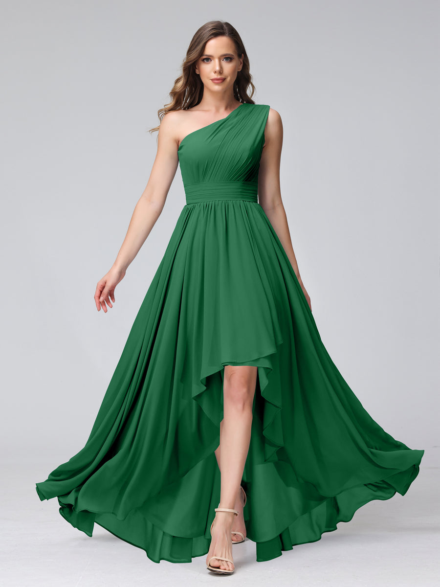 A-Line One-Shoulder Sleeveless Chiffon High Low Bridesmaid Dresses with Pockets Emerald