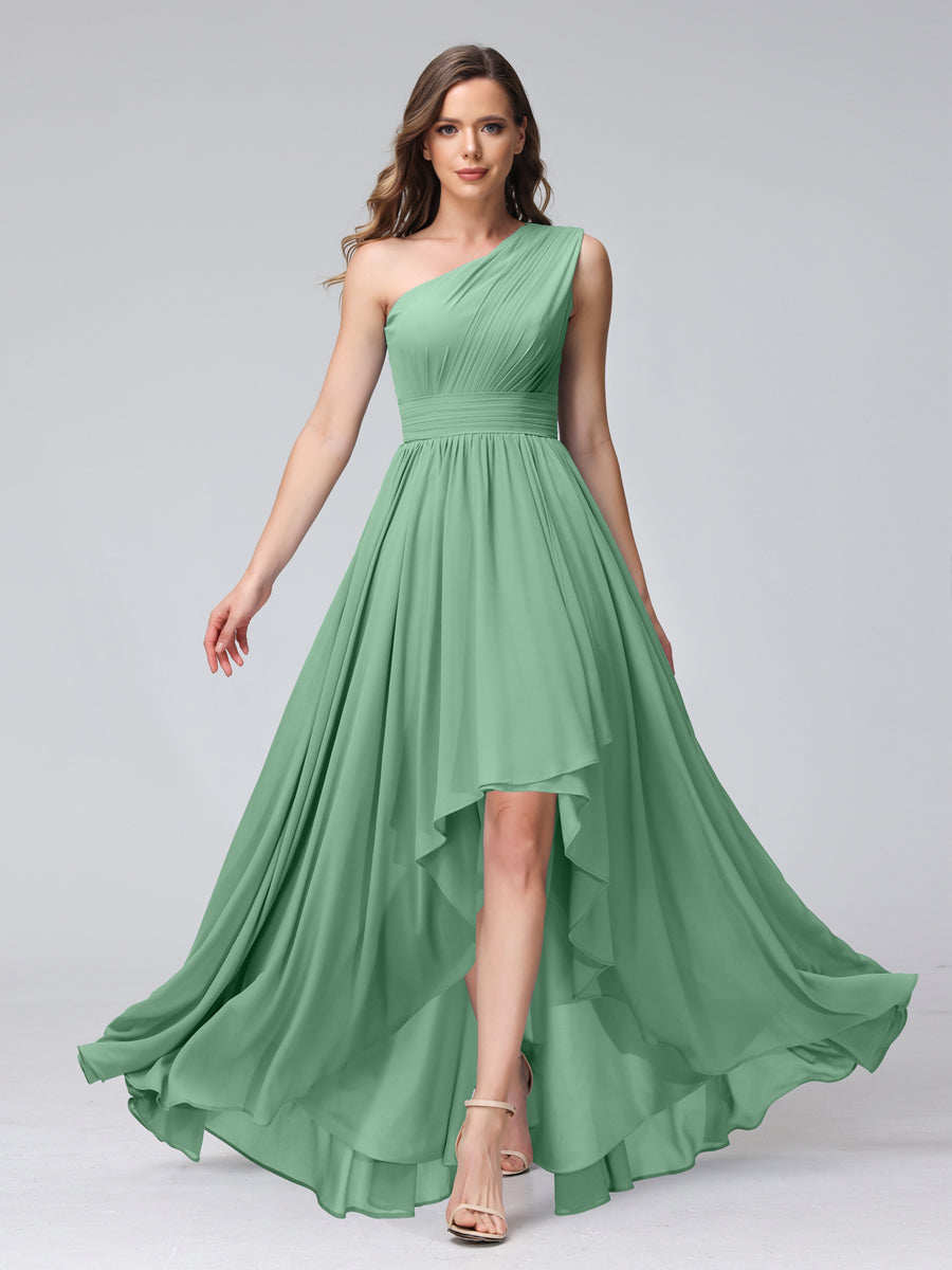 A-Line One-Shoulder Sleeveless Chiffon High Low Bridesmaid Dresses with Pockets Eucalyptus
