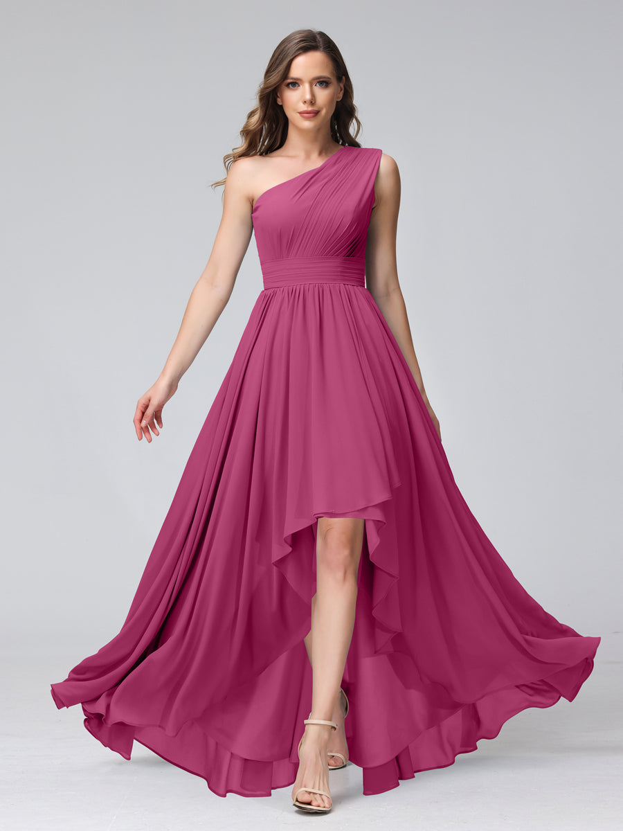 A-Line One-Shoulder Sleeveless Chiffon High Low Bridesmaid Dresses with Pockets Fuchsia