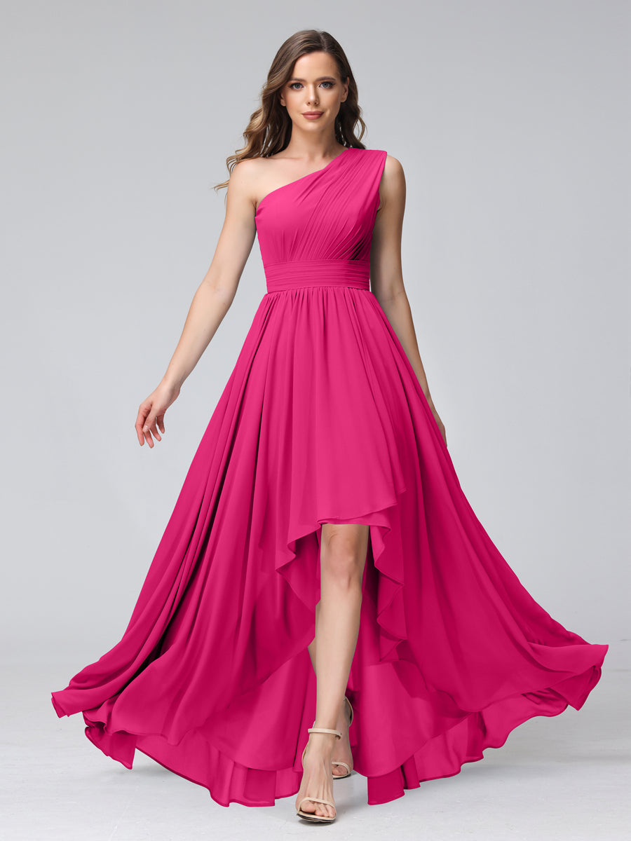 A-Line One-Shoulder Sleeveless Chiffon High Low Bridesmaid Dresses with Pockets Fuchsia Pink