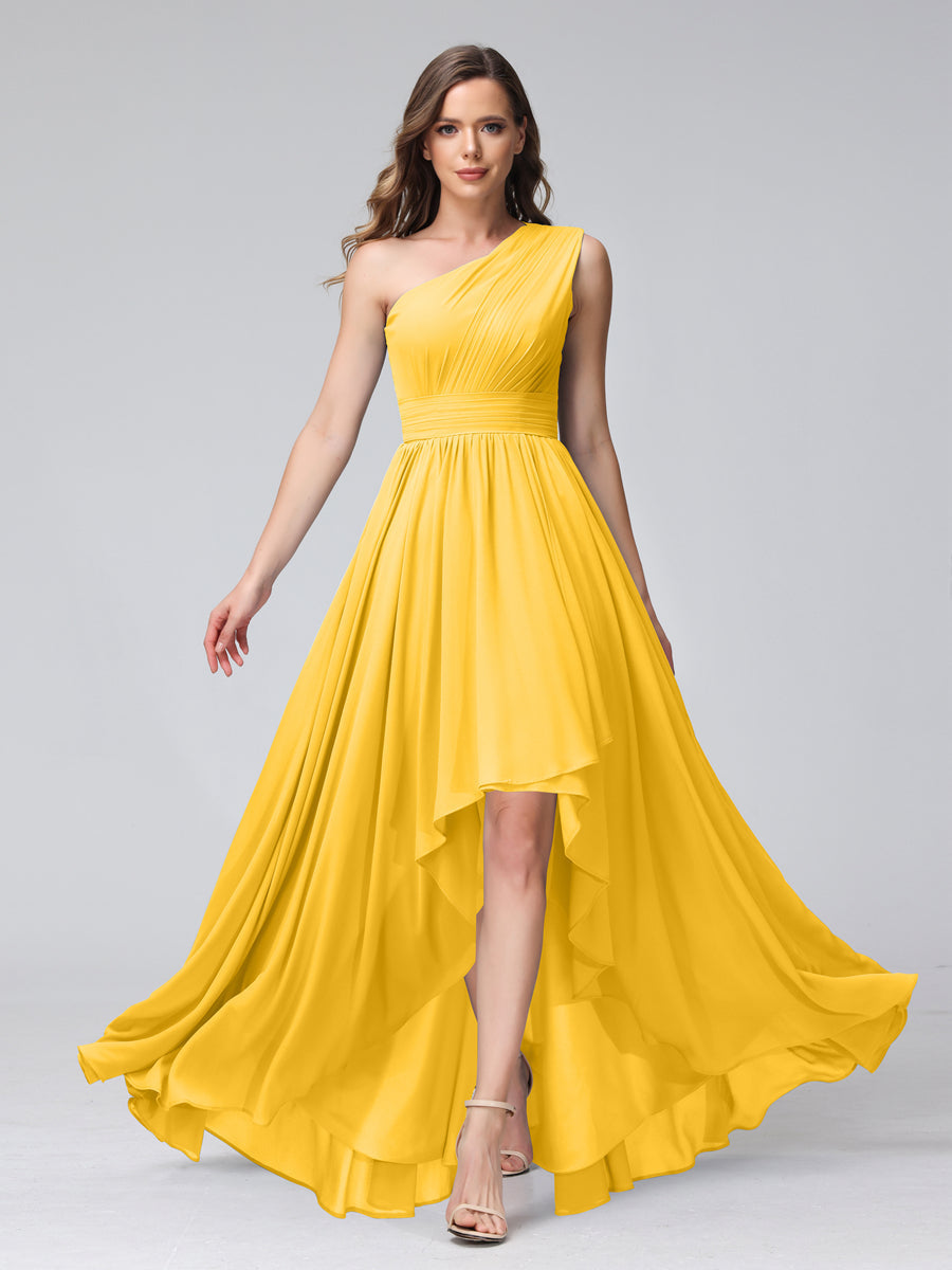 A-Line One-Shoulder Sleeveless Chiffon High Low Bridesmaid Dresses with Pockets Gold