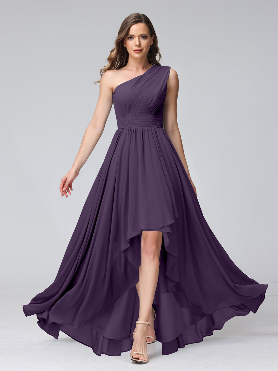 A-Line One-Shoulder Sleeveless Chiffon High Low Bridesmaid Dresses with Pockets Grape