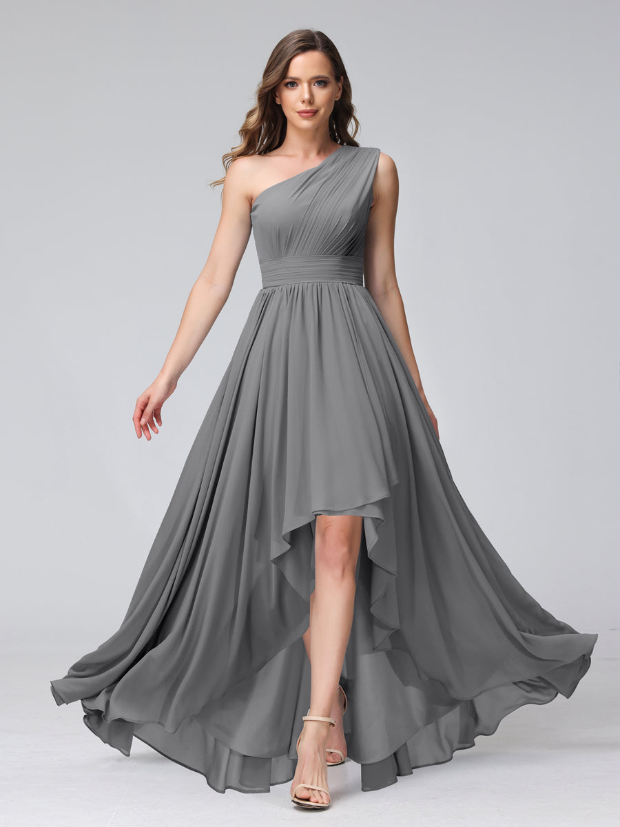 A-Line One-Shoulder Sleeveless Chiffon High Low Bridesmaid Dresses with Pockets Gray