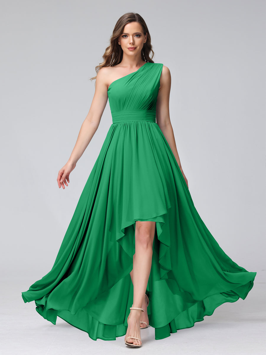 A-Line One-Shoulder Sleeveless Chiffon High Low Bridesmaid Dresses with Pockets Green