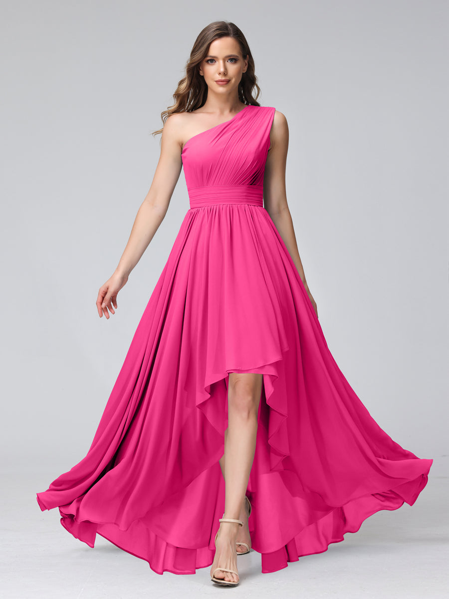 A-Line One-Shoulder Sleeveless Chiffon High Low Bridesmaid Dresses with Pockets Hot Pink