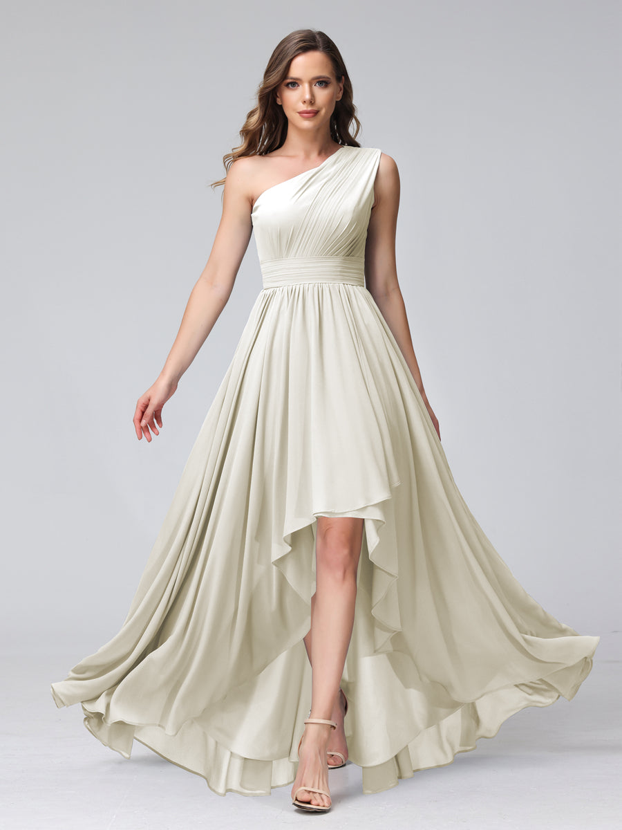 A-Line One-Shoulder Sleeveless Chiffon High Low Bridesmaid Dresses with Pockets Ivory