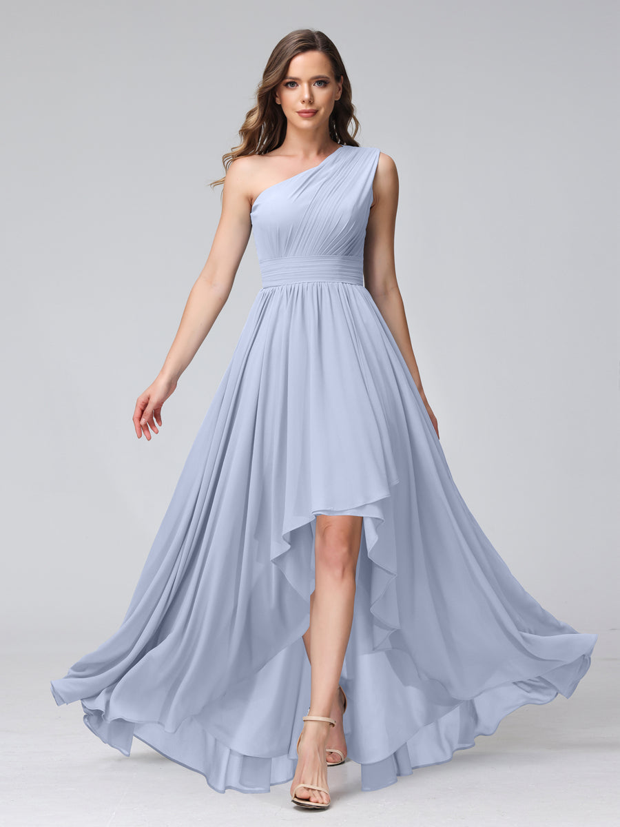 A-Line One-Shoulder Sleeveless Chiffon High Low Bridesmaid Dresses with Pockets Lavender