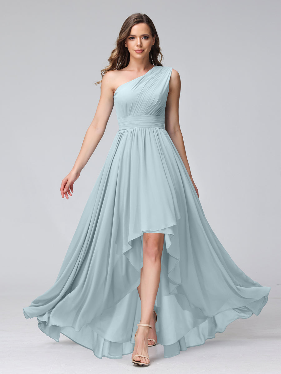 A-Line One-Shoulder Sleeveless Chiffon High Low Bridesmaid Dresses with Pockets Light Blue